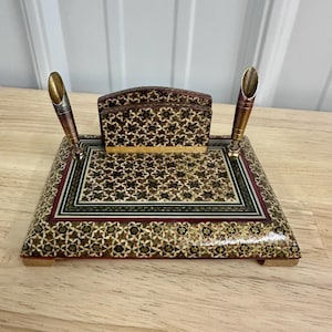 Vintage Persian Khatam Card Pen Holder, Wooden Ornate Desk Organizer, Inlay Marquetry Pen Holder, Vintage Wood Ornate Inlay Desk Organizer