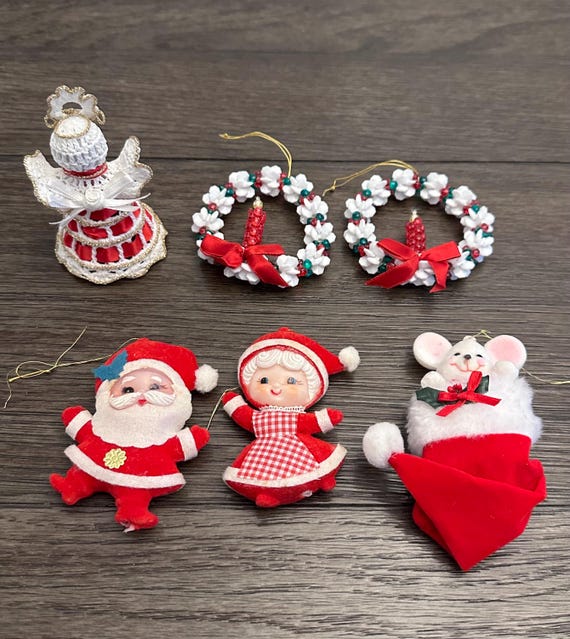 * vintage ornaments ❀ * ✴ * クリスマスセット (a) Vintage Christmas Ornament Set: Flocked Santa, Mrs. Claus, Avon