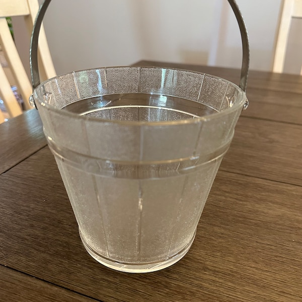 Vintage Ice Bucket, Vintage Glass Pail, Glass Bucket, Textured Glass Wooden Pail Ice Bucket, C2