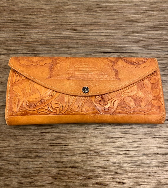 Vintage Tooled Leather Wallet, Mexico Leather Wall