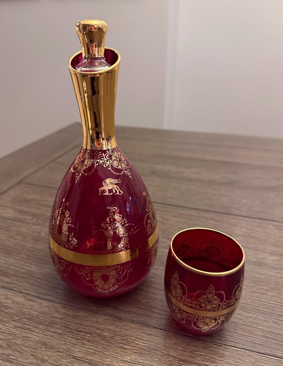 Vintage Ferro & Lazzarini Murano Red Glass Decanter With 22k Gold