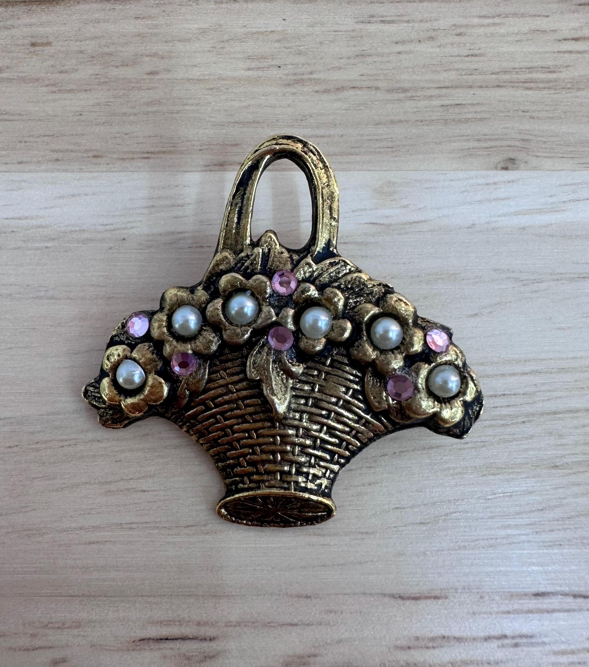 Vintage Jeweled Floral Basket Brooch: Goldtone Rhinestone Pin - Etsy