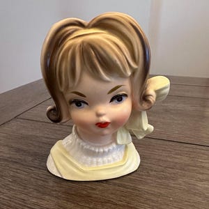 Vintage Inarco E-2767 Young Lady Head Vase, Yellow Jumper Lady Head Vase Planter, Inarco Head Vase Yellow Bow, Vintage Teen Lady Head Vase