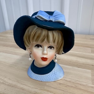 Vintage Napcoware C7494 Lady Head Vase, Lady Head Vase, Vintage Napco Head Vase, Blue Bonnet Lady Head Vase with Faux Pearl Drop Earrings