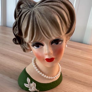 AS IS Vintage Napcoware C7472 Lady Head Vase, Lady Head Vase, Vintage Napco Head Vase, Green Dress Lady Head Vase with Faux Pearl Jewelry