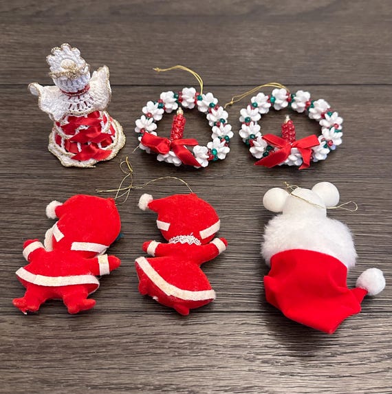 * vintage ornaments ❀ * ✴ * クリスマスセット (a) Vintage Christmas Ornament Set: Flocked Santa, Mrs. Claus, Avon