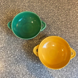 Vintage Fiesta Cream Soup Bowls: Light Green & Yellow, Set of 2