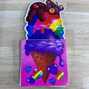 Vintage Lisa Frank Teddy Bear Notepad: Rainbow Ice Cream Cone, 1987