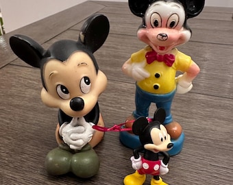 Vintage Mickey Mouse Toy Lot: Rubber Squeaky Toy, Plastic Figurine, Ornament
