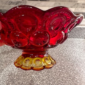 Vintage LE Smith Amberina Moon and Stars Ruffled Compote, Vintage Red Moon Stars Pedestal Bowl, LE Smith Amberina Moon and Stars, BSC