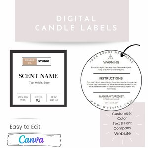 Digital Candle Warning Label and Scent label. Design and Customize with Canva [Instant DIGITAL DOWNLOAD ] Candle Label Bundle