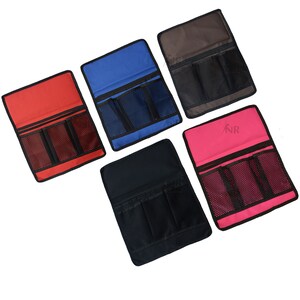 May include: Five fabric organisers in different colours with mesh pockets. The organisers are red, blue, black, grey, and pink.