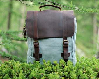 Vintage Bookbag | Retro Rucksack | Canvas Backpack | Vintage Leather and Canvas Backpack | Travel Canvas Backpack | NUUK