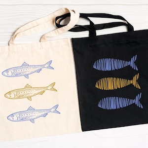 Funky Fish Tote Bag, Trendy Sardine Print Tote, Quirky Eco Shopper Bag,  Coastal Style Tote, Gift for Fish Lovers