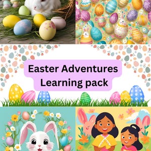 Può includere: Un collage di immagini a tema Pasqua. Include un coniglio bianco in un cestino con uova colorate, uova di Pasqua decorate e illustrazioni di coniglietti pasquali e bambini con uova. È presente anche il testo "Easter Adventures Learning pack".