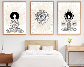 Yoga Meditation Canvas Print, Black, White, & Gold Mandala, Wellness Art