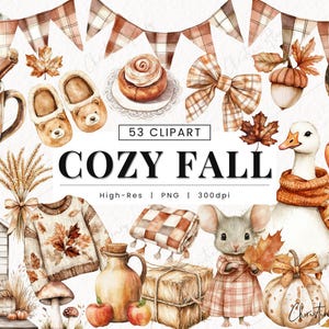Może przedstawiać: Zestaw clipartów akwarelowych z przytulnym motywem jesiennym. Zawiera ilustracje kubka kawy, kapci z misiem, bułki cynamonowej, kokardy, kaczki, myszy, dyni i jesiennych liści. Wyświetlany jest tekst "COZY FALL".