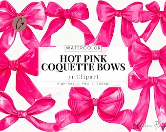 Watercolor Hot Pink Coquette Bows Clipart, Pink Bow Clipart, Coquette PNG, Balletcore PNG Instant Download for Commercial Use