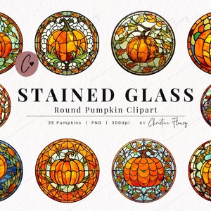 35 Runde Kürbis Glasmalerei Clipart, Glasmalerei PNG, Herbst Clipart, PNG Sofortiger Download für kommerzielle Nutzung
