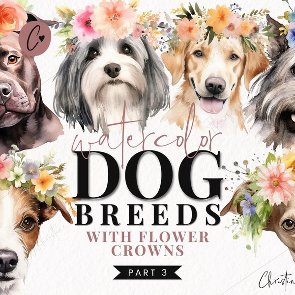 Watercolor Dog Breeds with Flower Crowns Part 3, Watercolor Clipart, Watercolor Dogs, PNG Instant Download for Commercial Use