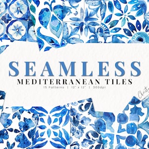 Nahtlos Mittelmeer Fliesenmuster, Aquarell Santorini Print Muster, bedruckbare blaue Keramikfliese PNG, Sommerhochzeit Clipart