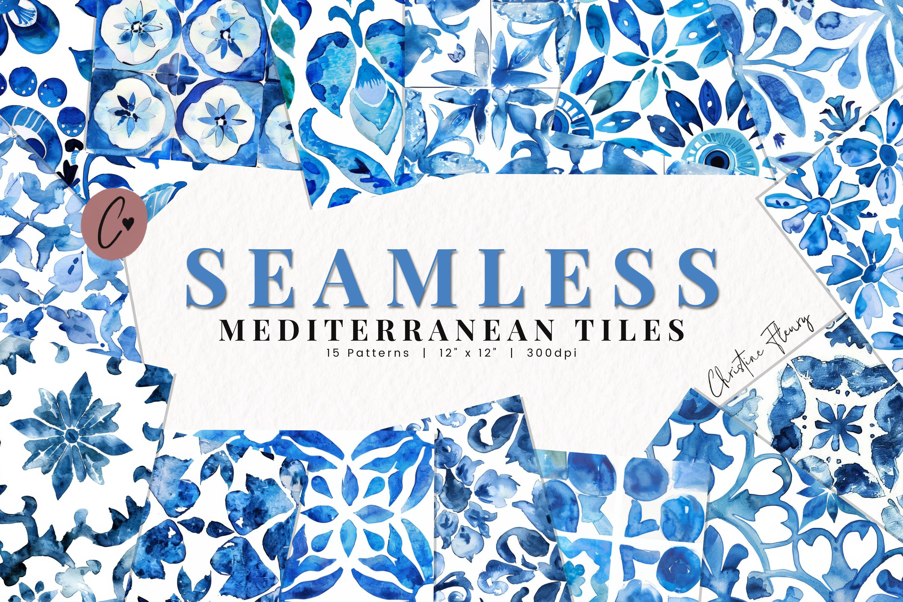 Seamless Mediterranean Tile Pattern, Watercolor Santorini Print Patterns, Printable Blue Ceramic Tile PNG, Summer Wedding Clipart