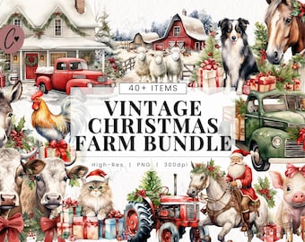 Vintage Christmas Farm Clipart, Watercolor Farm Clipart, Vintage Christmas PNG, PNG Instant Download for Commercial Use