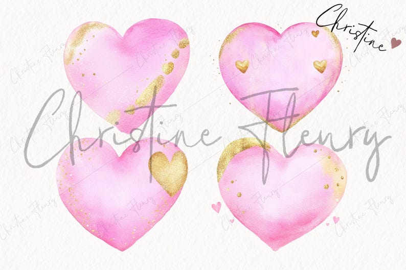 Pink Gold Hearts Clipart Bundle, Cute Nursery PNG, Watercolor Birthday ...