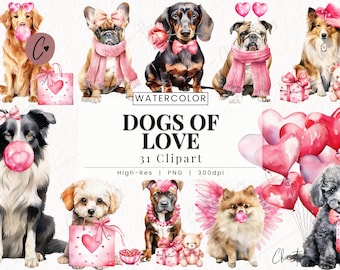 Watercolor Valentine Dogs Of Love Clipart, Valentine's Day Clipart, Dog Valentine PNG, PNG Instant Download for Commercial Use