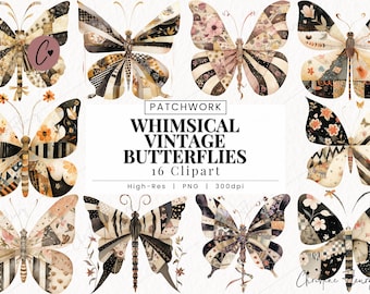 Patchwork Butterflies Whimsy Clipart, Whimsical Vintage Clipart, Junk Journal, Vintage PNG Instant Download for Commercial Use