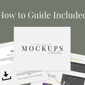 May include: A white card with the text "Your how-to guide for editing MOCKUPS by Christian Flang" on it. The card is surrounded by other cards with instructions on how to edit mockups.