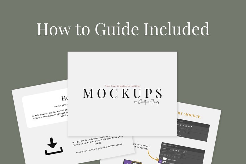 May include: A white card with the text "Your how-to guide for editing MOCKUPS by Christian Flang" on it. The card is surrounded by other cards with instructions on how to edit mockups.
