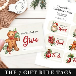 Siete reglas de regalo Etiquetas de regalo de Navidad imprimibles, algo que quieres algo que necesitas, Navidad imprimible