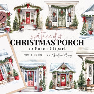 Watercolor Christmas Porch Clipart, Watercolor Christmas Clipart, Porch PNG, PNG Instant Download for Commercial Use