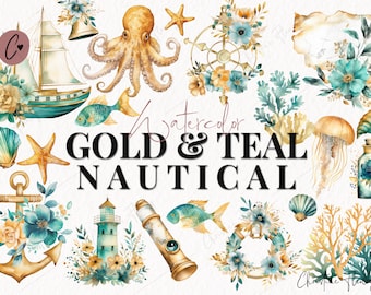 Aquarell Gold & Teal Nautische Clipart, Aquarell Ozean Clipart, Aquarell PNG, PNG Sofort-Download für kommerzielle Nutzung