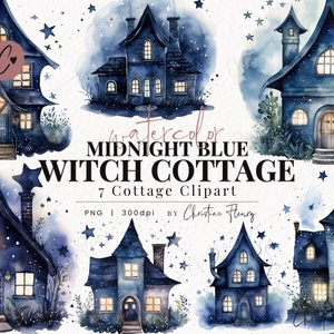 Watercolor Midnight Blue Witch Cottage Clipart, Watercolor Cottage PNG, Halloween Clipart, PNG Instant Download for Commercial Use