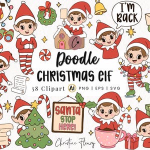 May include: A collection of Christmas-themed doodle clipart featuring elves in red and white outfits. The image includes various festive elements like stockings, gifts, and a sign that says "Santa Stop Here!" The text "Doodle Christmas Elf" is also present.