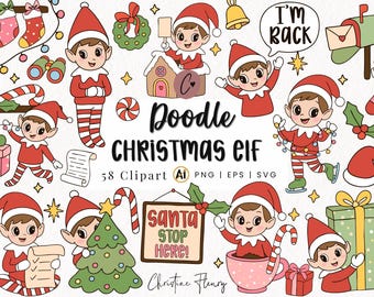 58 Doodle Christmas Elf Clipart Bundle, Hand Drawn Christmas Png, Santas Little Helper, Elf Letter Png, Instant Digital Download Commercial