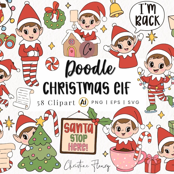 58 Doodle Christmas Elf Clipart Bundle, Hand Drawn Christmas Png, Santas Little Helper, Elf Letter Png, Instant Digital Download Commercial