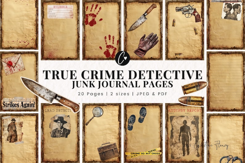 May include: Twenty printable pages for junk journaling with a true crime theme. The pages feature images of a bloody handprint, a knife, a gun, bullets, a magnifying glass, footprints, handcuffs, and a crime scene tape. The pages are designed to look like old, worn paper.