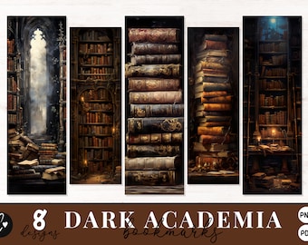 May include: Eight printable bookmarks featuring dark academia themes. The bookmarks depict stacks of old books, a bookshelf filled with books, and a shadowy hallway with a window at the end.