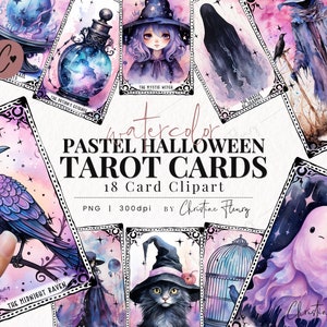 Imágenes prediseñadas de cartas del tarot de Halloween en colores pastel, imágenes prediseñadas de Halloween en acuarela, PNG en acuarela, PNG descarga instantánea para uso comercial