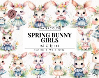 Watercolor Spring Bunny Girls Clipart, Easter PNG, Spring bunny PNG, Bunny Nursery PNG Instant Download for Commercial Use
