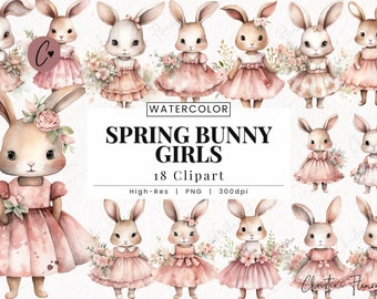 Spring Bunny Girls Clipart, Bunny PNG, Easter Bunny PNG, Spring PNG Instant Download for Commercial Use