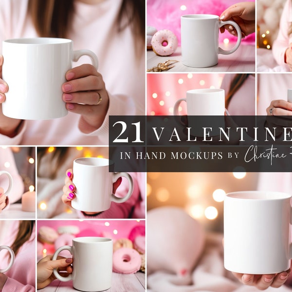 Valentine's Mug Mockup in Hands Bundle, White Coffee Mug Mockup, POD Coffee Cup Valentines Day Mockup JPG, Instant Digital Download