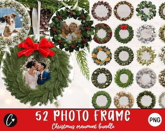 May include: A collection of Christmas ornament photo frames. The frames feature various wreath designs, including greenery, berries, and decorative elements. The image includes a red banner with the text "52 PHOTO FRAME Christmas ornament bundle".