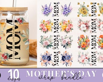 Mom Life Flower Libbey Glass Wrap Bundle, Mother's Day PNG, Mama Flower Wrap Sublimation Design, Digital Download