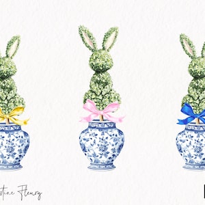 Aquarelle de Pâques topiaire lapin Clipart, Clipart Pâques, printemps PNG, Chinoiserie Grand millénaire téléchargement immédiat pour un usage commercial