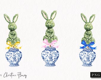 Watercolor Easter Topiary Bunny Clipart, Easter Clipart, Spring PNG, Grand Millennial Chinoiserie Instant Download for Commercial Use