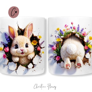 Rolig vårhare som bryter igenom muggomslag, sublimerad vårpåskmugg PNG, hål i vägg PNG, sublimerad mugg på 11oz och 15oz